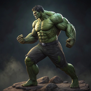 3D digital rendering of Hulk, flexing his muscles. He is standing in a powerful stance. Background is dark and ominous.