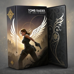 Elegant packaging for Tomb Raider: The Angel of Darkness featuring the heroine Lara Croft in action pose. Dark and mysterious design with angelic symbols, opening to showcase detailed interior artwork inspired by game's narrative