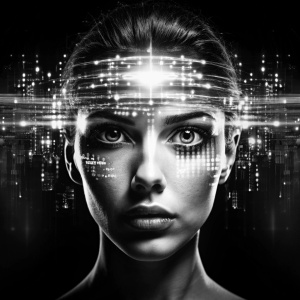 a high quality digital illustration of a  message oblivion with a focus on contact with civilization on hologram vision, glitch art, futuristic, dark tones, abstract, digital artwork, cyberpunk vibes.