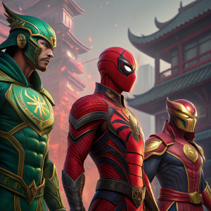 Stylized digital illustration featuring animated characters from an Asian-inspired video game or comic. Each character, with vibrant colors and dynamic poses, showcases intricate designs. Background is a blend of digital art techniques and East Asian aesthetics.