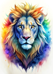 
high quality, logo style, Watercolor, powerful colorful lion face logo facing forward, monochrome background, awesome full color,

