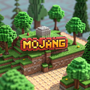 A detailed, pixel art depiction of Mojang's logo, set against a virtual landscape of blocks and textures. The vibrant colors pop against the backdrop of a pixelated forest.