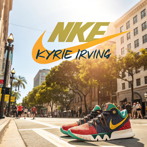 Kyrie Irving's signature sneaker ad, featuring a large, stylized Nike logo with playful font. The background showcases urban streets and a bright, sunny day.