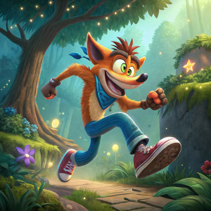 Crash Bandicoot in an energetic pose, set against a virtual forest background, digital art