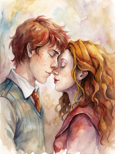 Ron Weasley and Hermione Granger (with brown hair) kiss