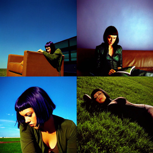 Aeon Flux, with her iconic purple hair, in a collage of various photos showcasing different styles and expressions. Background is a sleek, modern studio setting.