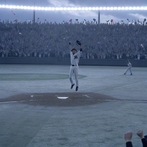 Kan Ohtake, Asian baseball player, jumping for joy. A huge crowd cheering in the background, celebrating a home run at the World Baseball Classic.
