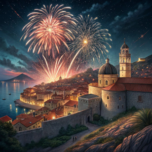 In a stunning night shot, Dubrovnik, Croatia, is aglow with a mesmerizing fireworks display. The vibrant lights dance over historic structures, including buildings with iconic terracotta roofs and ancient fortifications. From an elevated viewpoint, the entire historic city is captured in all its glory.
