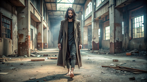 Remove footwear, leave bare feet covered in dust and change pose to standing still