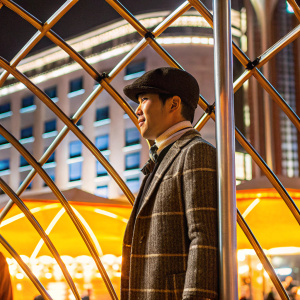 Lee Hyun-Woo at a product launch event. Stylish casual outfit, black flat cap. Wearing a plaid jacket with subtle plaid accents. Shilla Hotel backdrop, evening event