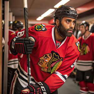 Johnny Oduya, former NHL player, posing with a determined look. He is dressed in a red Blackhawks jersey and hockey gear. The setting is a bustling locker room with other players in the background.