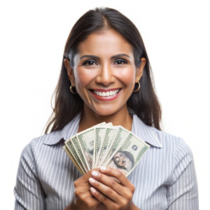 Una mujer con rasgos ecuatorianos feliz con dolares en la mano