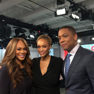 Carolyn London, Tyra Banks, and Don Lemon on the set of CNN. Studio lights and cameras in background.