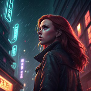 Scarlett Johansson, intense gaze, long red hair, standing in front of a neon-lit cityscape. Dark, moody atmosphere with cyberpunk elements.