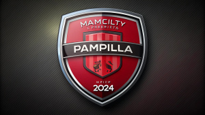 Escudo de fútbol elegante con colores negro y rojo y para escribir el nombre Pampilla,  CITY, año 2024,  y la fecha a los bordes al estilo del escudo del Manchester United