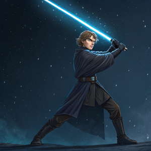 Young Anakin Skywalker wielding a glowing blue lightsaber. Dark, starry space background. Epic pose, intense expression