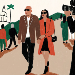 Bruce Willis and Demi Moore walking on a bustling Hollywood street. Paparazzi in pursuit.