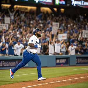 Franmil Reyes, running onto the field with intense focus, wearing a white jersey and blue pants. Crowd cheering in background.