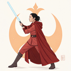 Character from Star Wars, a determined Asian woman, wielding a lightsaber in a red robe. Artistic depiction, vibrant colors, simple background.
