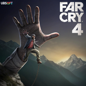 Digital art showcasing a character's hand from Far Cry 4 game. The hand is poised in mid-air, fingers slightly spread. The background is a gradient of dark grey fading into black. The hand and Ubisoft logo are in sharp focus, while the game's interface fades into the background.