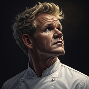 Chef Gordon Ramsay in a detailed headshot. Elegant pose, dramatic lighting. Solid black background