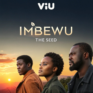 Homepage of Viu streaming platform featuring Imbewu The Seed. Series logo and season number prominently displayed on a warm sunset background. Main characters in close-up. Clean, modern design with dark background.