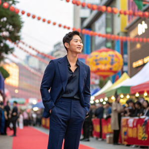 Song Joong-Ki, in a stylish navy blue suit, posing confidently at a bustling Korean street festival.