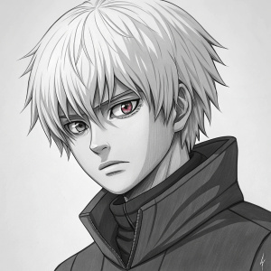 Sketch of Kaneki from Tokyo Ghoul. Focus on face and details. Plain background.