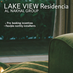 Eye-catching promotional ad for Lake View Residencia by Al Nakhal Group. Showcasing luxurious interiors: spacious living rooms, gourmet kitchens, and serene bedrooms. Text highlights pre-booking incentives and flexible monthly installments. Dominant red hues complemented by rich gold and deep blue accents create a visually stunning appeal.