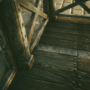 Close-up shot of an ancient wooden bridge in Trogir, Croatia. Weathered planks with deep brown color and detailed grain patterns. Photo