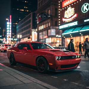 A vibrant red Dodge Challenger SRT Hellcat parked in a bustling city street. Bright neon lights and vibrant nightlife in the background.