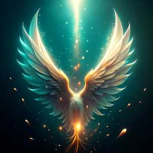 One Angel wing, wings falling down, divine sparkle, threads of light, golden and turquoise colours, clean background, minimalist, 