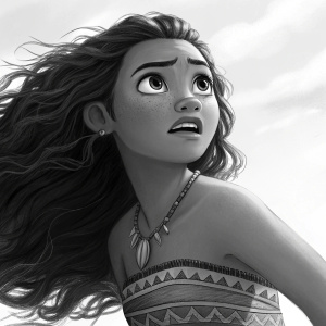 Highly detailed black and white digital painting of Moana, Disney's Polynesian heroine, showcasing dynamic poses and a range of emotive facial expressions.