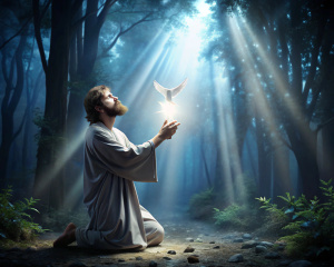 Picture a 1st-century Galilean man kneeling in deep nighttime forest darkness, lit only by heavenly light shining down on him. Approaching the light is a small white dove symbolizing the Holy Spirit.
