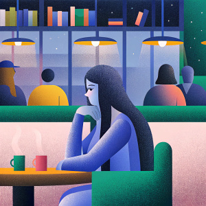 Anne Hathaway, with long dark hair, deep in thought. Sitting alone in a bustling coffee shop.