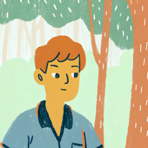 Andrew Garfield, youthful male actor, thoughtful expression. Wearing a blue shirt with a distinctive logo. Lush forest background, natural setting.