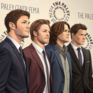 Cast of Supernatural at PaleyFest 2011. Formal attire, diverse hairstyles, standing in a row with Paley Center logo behind them.