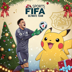 Digital artwork showcasing Ederson, Pikachu, and Tinga in EA Sports FIFA 21 Ultimate Team. Festive background with game's logo prominently featured