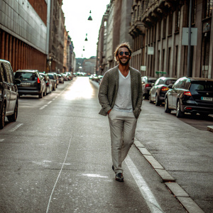 Jon Kortajarena, Caucasian male, broad smile, walking down a busy city street lined with tall buildings and parked cars. Lively atmosphere, natural lighting.