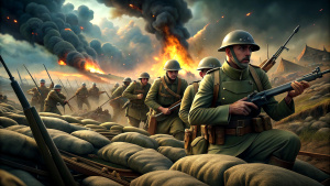 Generates an animated and hyper-realistic image of soldiers in the trenches during the great war