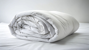 White folded duvet lying on white bed background. 