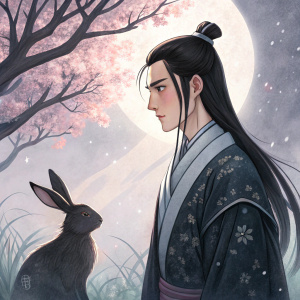 Lan Wangji, from 'The Untamed,' with long black hair and a stern look, standing next to a mystical, shadowy rabbit. Digital artwork with pastel hues.