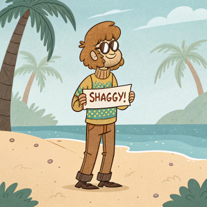 Shaggy from Scooby-Doo, dressed in a vintage groovy outfit, standing on a sandy beach with palm trees in the background, holding a sign that says 'Shaggy!'