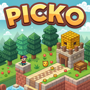 Illustration for the mobile game Picko. Vibrant pixel art style. Prominent logo at top. Lively scene with blocks, trees, and structures in green, brown, and muted tones. Friendly and inviting game world