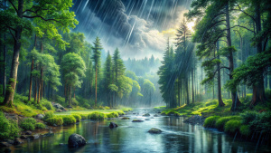 precioso bosque junto a un arroyo de agua clara, tormenta cercana y lluvia abundante, sensacion de realismo profundidad e imagen de calidad ultra detallada