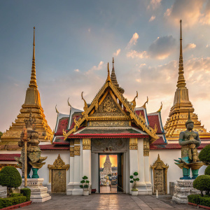 The Grand Palace in Bangkok, Thailand. A magnificent entrance with golden spires and vibrant murals. Intricate carvings and a large archway. Statues of mythical figures and traditional architecture.