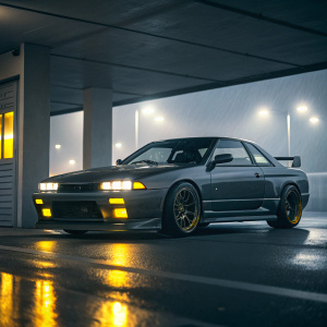A Nissan Skyline GTR R32, digital art piece. Yellow lights highlighting sleek design.