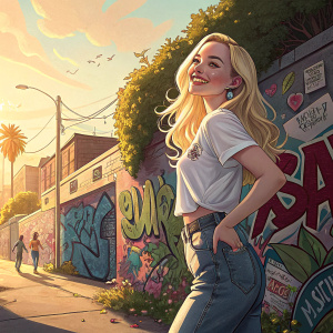 Dove Cameron, blonde actress, posing outdoors on a sunny day. Wearing a casual white t-shirt and jeans, standing in front of a vibrant graffiti wall.