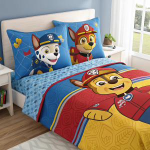 High-definition image showcasing a Paw Patrol-themed bedroom set. Each character in a distinct, vibrant outfit. The colors are bold and bright with a mix of blue, red, and yellow. The characters are depicted in dynamic, playful poses.