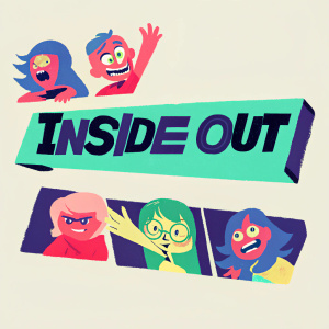 Bold, colorful logo for Pixar film 'Inside Out'. Blue background, animated characters from the movie surrounding the title.
